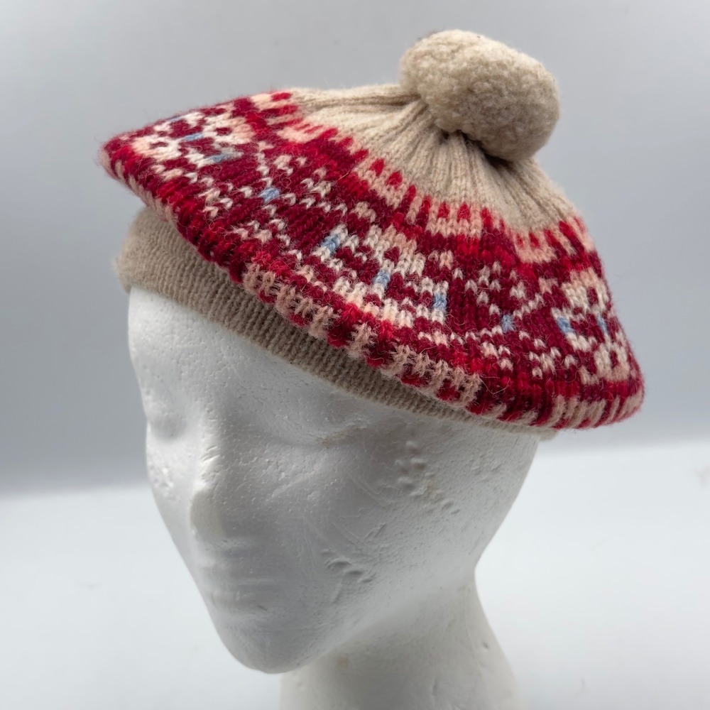 Shetland Pure Wool Beret‎ Hat Made in Scotland Red Fair Isle Knit Pom Pom Tam